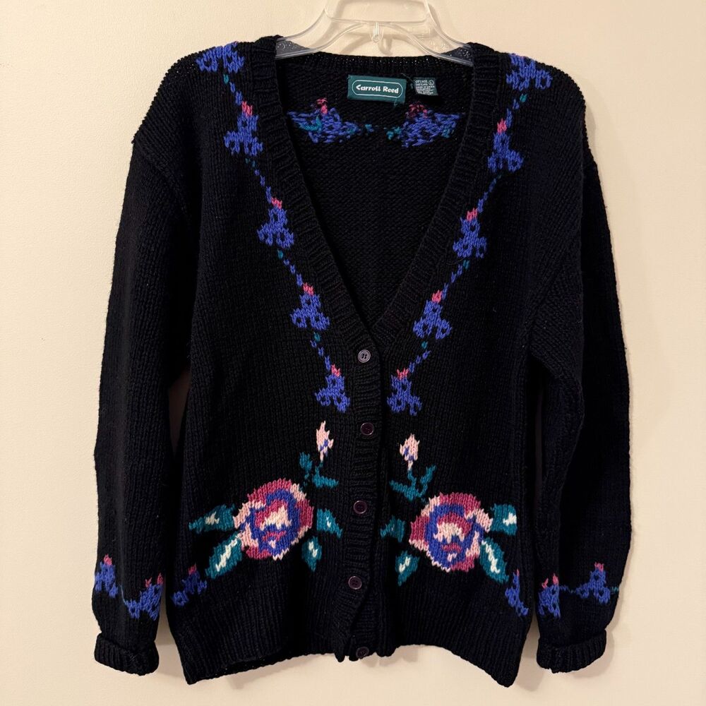 Carroll Reed Vintage Black Floral Wool Cardigan Sweater Large